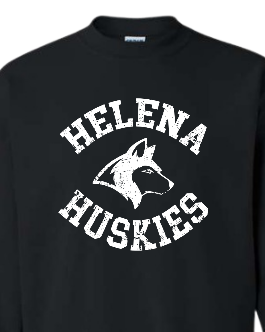 Black sweatshirt with 'Helena Huskies' text and husky logo on a white background