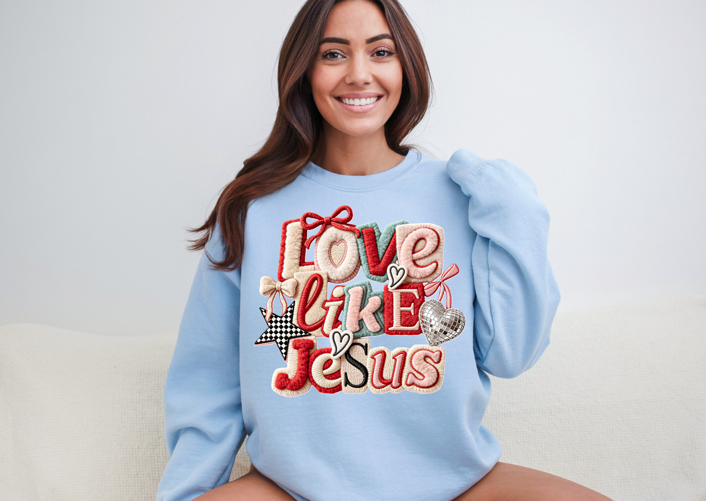 Valentine Faux Yarn Love like Jesus sweatshirt - blue