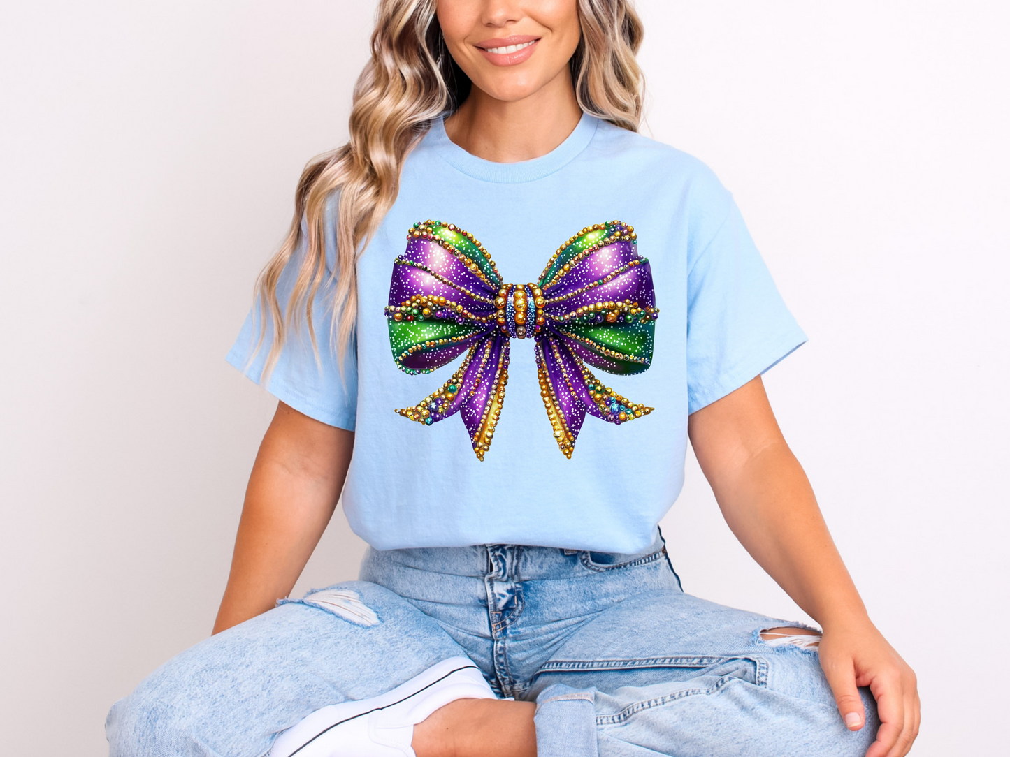 Purple Green Gold Bow Mardi Gras Tee Shirt