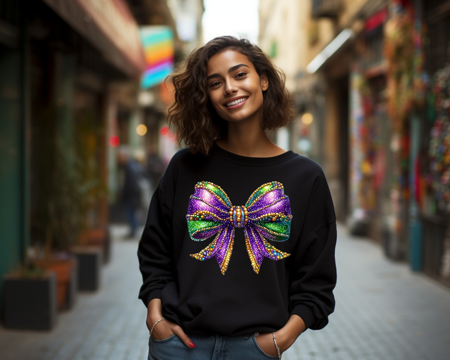 Cozy Mardi Gras Bow Sweatshirt
