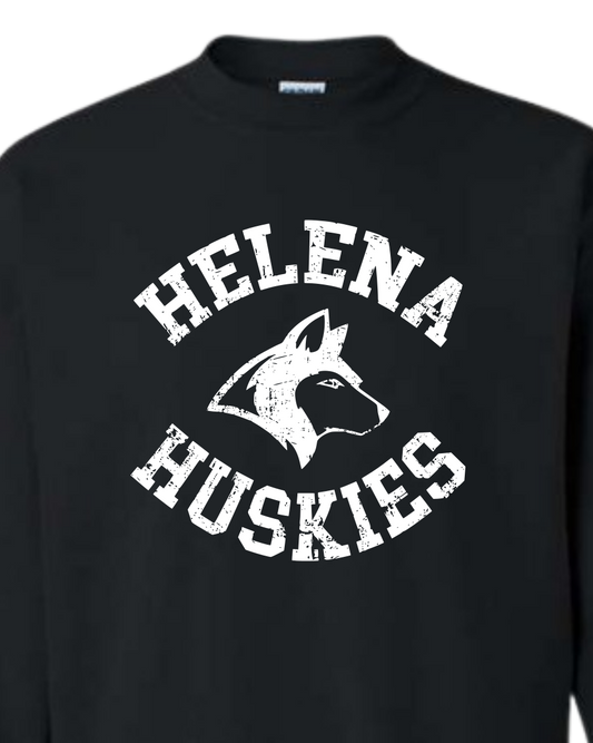 Black sweatshirt with 'Helena Huskies' text and husky logo on a white background