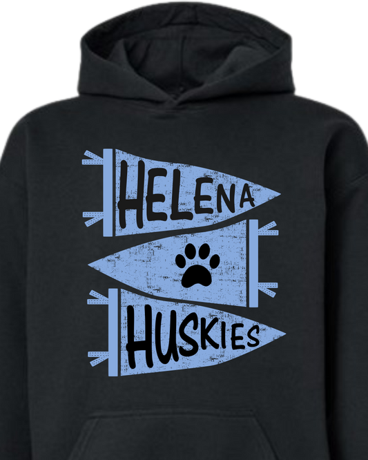 Black hoodie with 'Helena Huskies' design on a white background