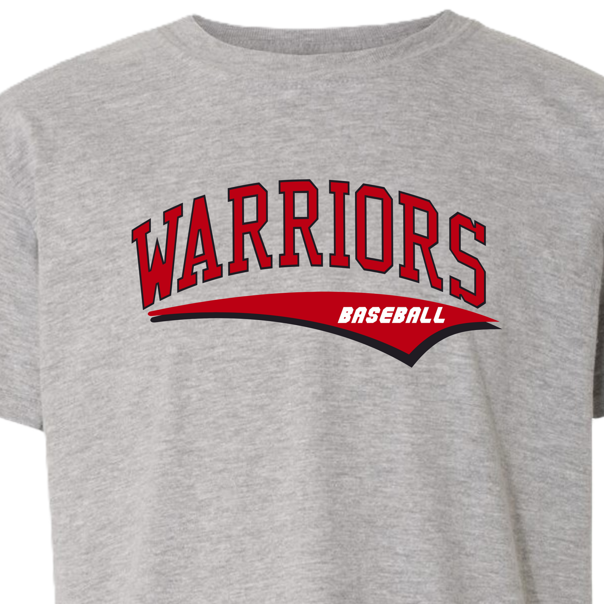 Gray t-shirt with 'Warriors Baseball' text in red and white on a white background