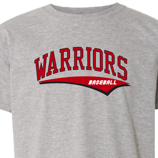 Gray t-shirt with 'Warriors Baseball' text in red and white on a white background