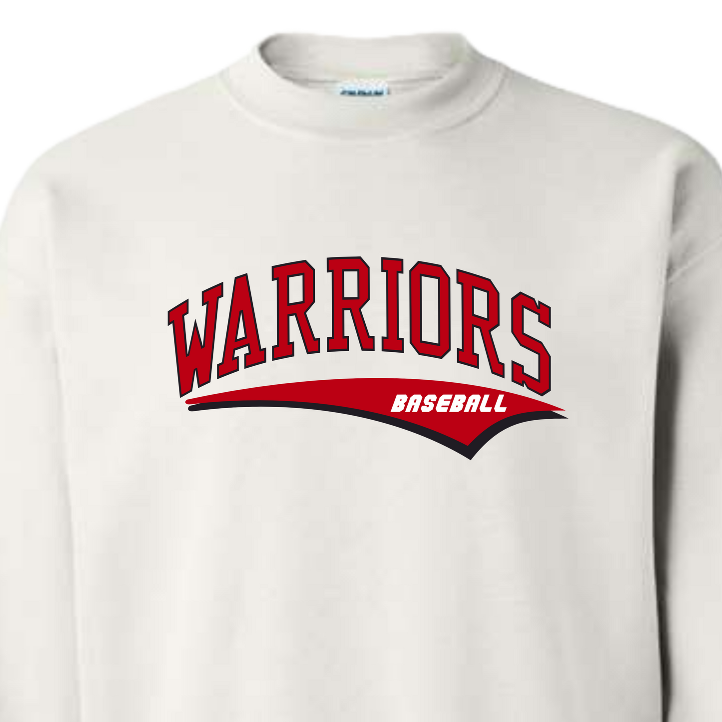 White sweatshirt with 'Warriors Baseball' text on a white background