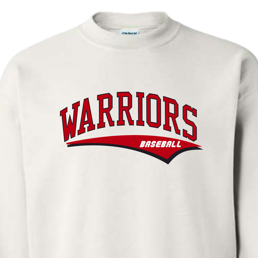 White sweatshirt with 'Warriors Baseball' text on a white background