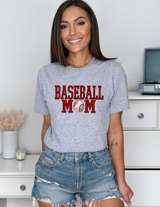 Baseball Mom Tee Red letters